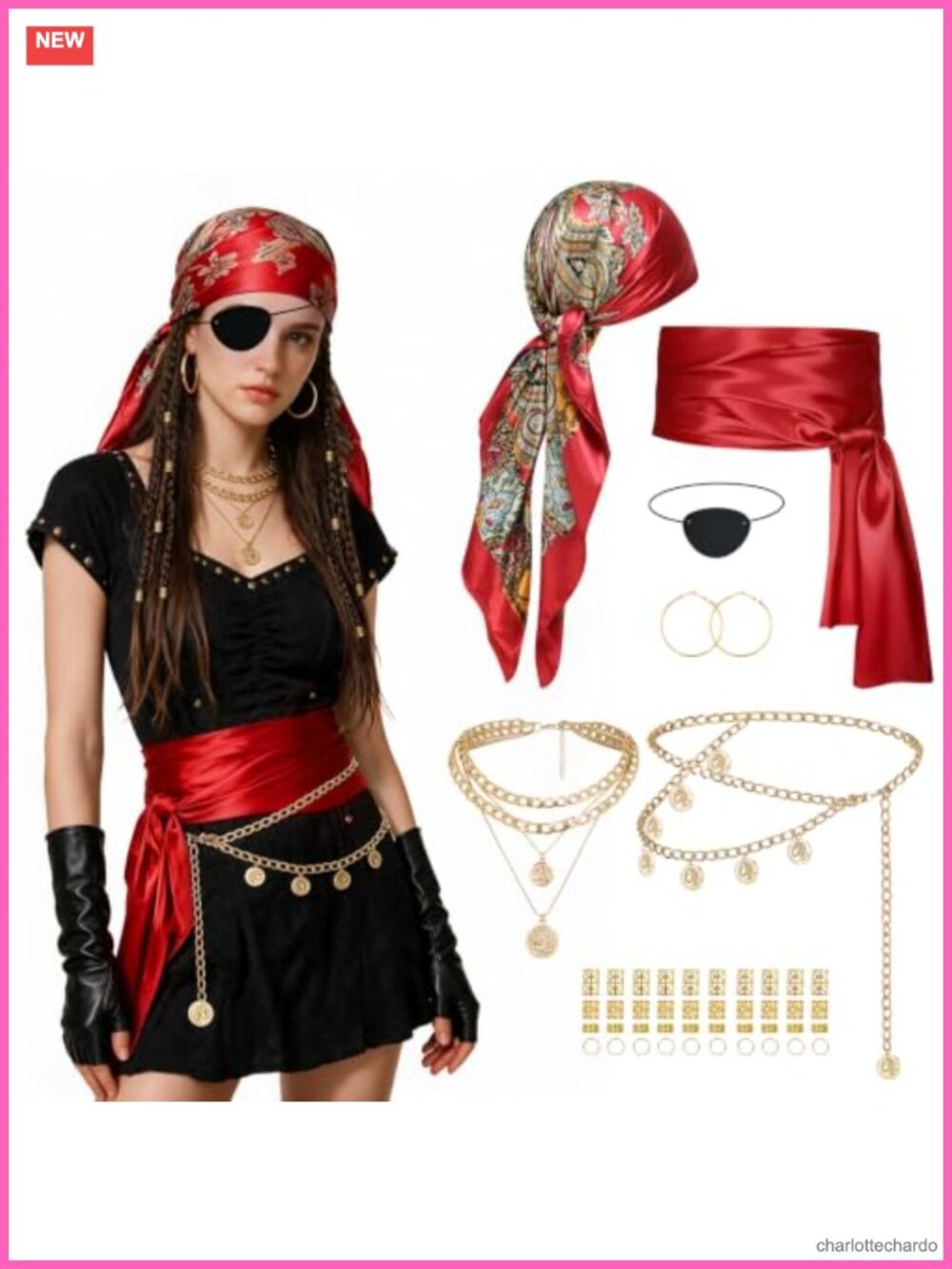 47PCS Womens Pirate Costume Accessories Set - Headscarf, Sash, Necklace,